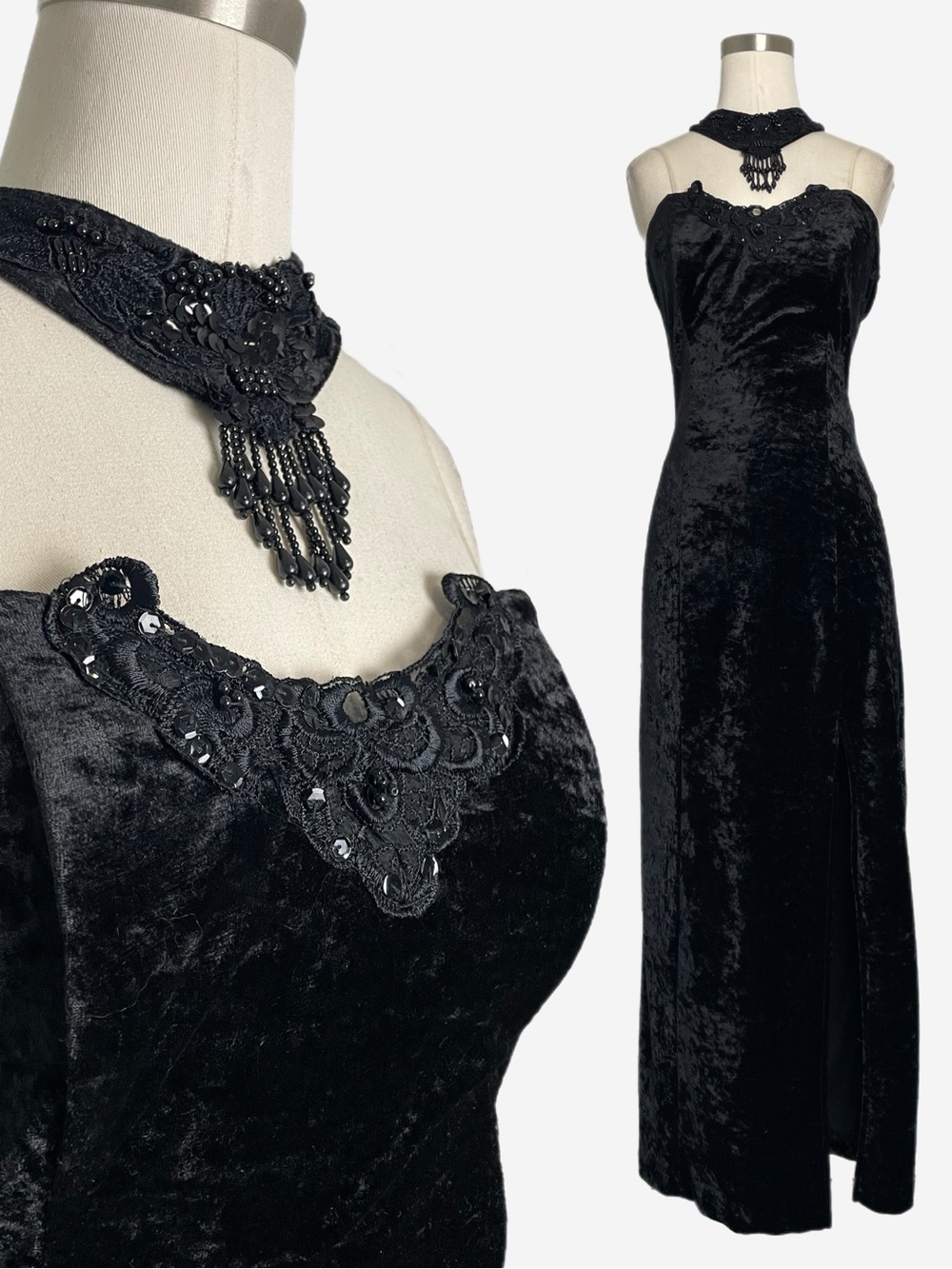 Vintage All That Jazz Black crushed velvet beaded choker midi dress witchy XS/S